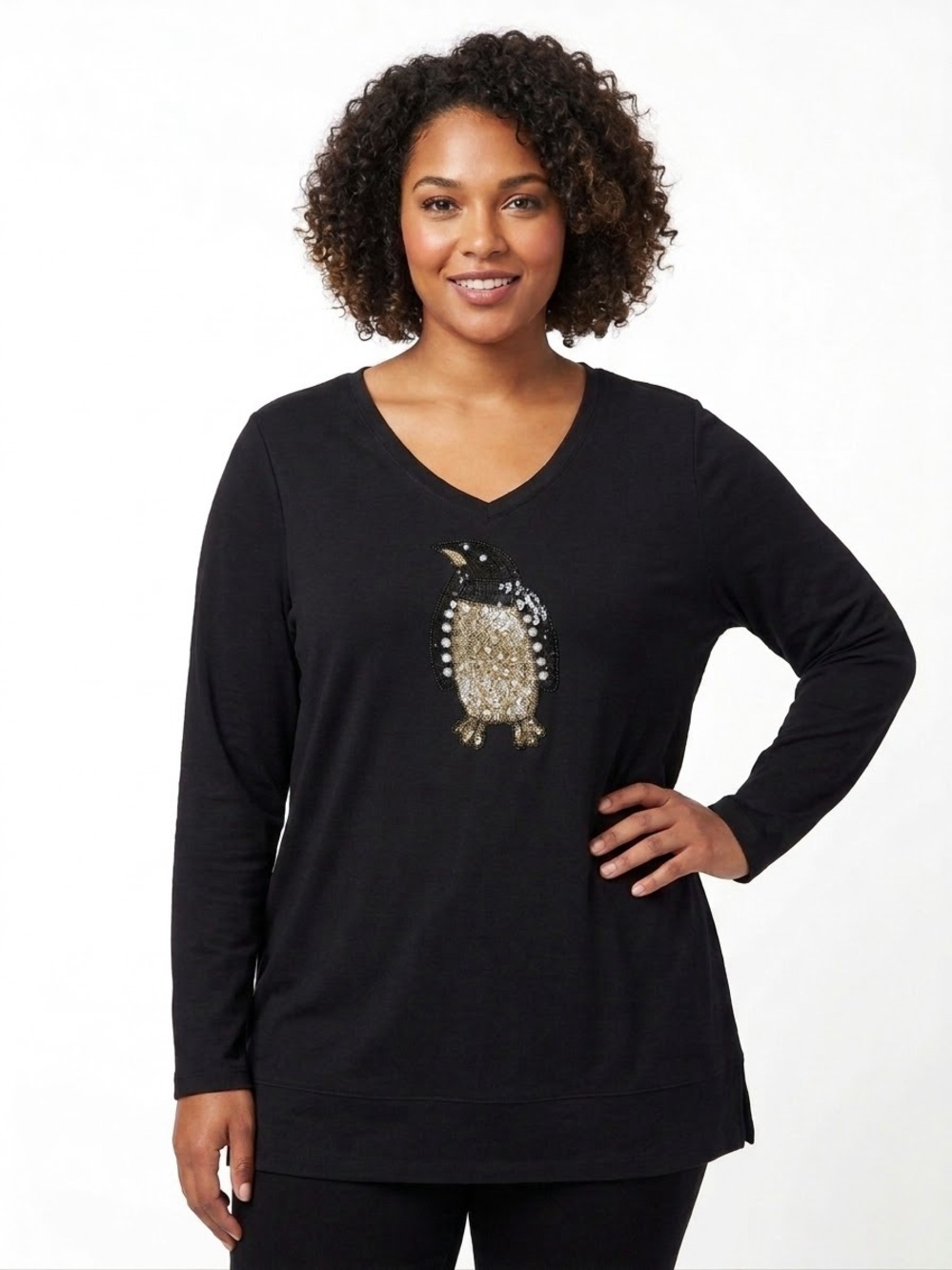 Chico’s Zenergy Long-Sleeve V-Neck Top with Embellished Penguin XL
